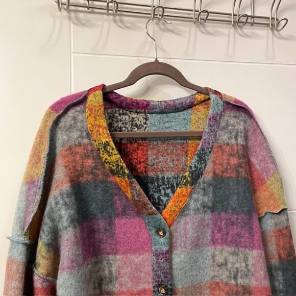 Colorful Plaid Button Front Cardigan Size XXL V-Neck Exposed Seams Casual - Picture 4 of 16